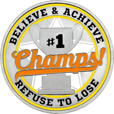 Orange "Champs!" with Yellow Outer Circular Borders